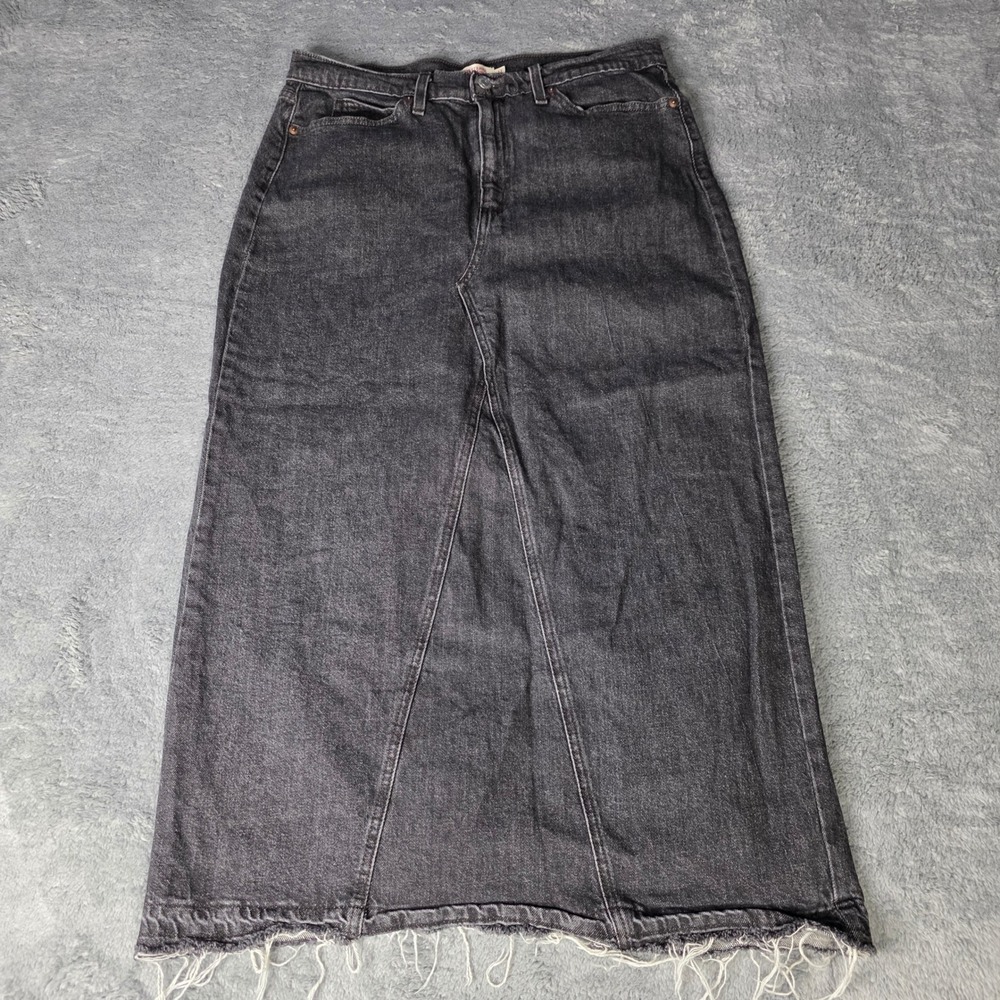 Levi Strauss Signature Womens 12 Maxi Skirt Black Denim Raw Hem Frayed Slit Long